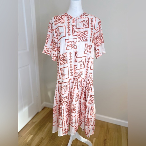 Poetry 100% Cotton Bohemian Patchwork White w Poppy Red Embroidery Midi Size 12 - Picture 3 of 9